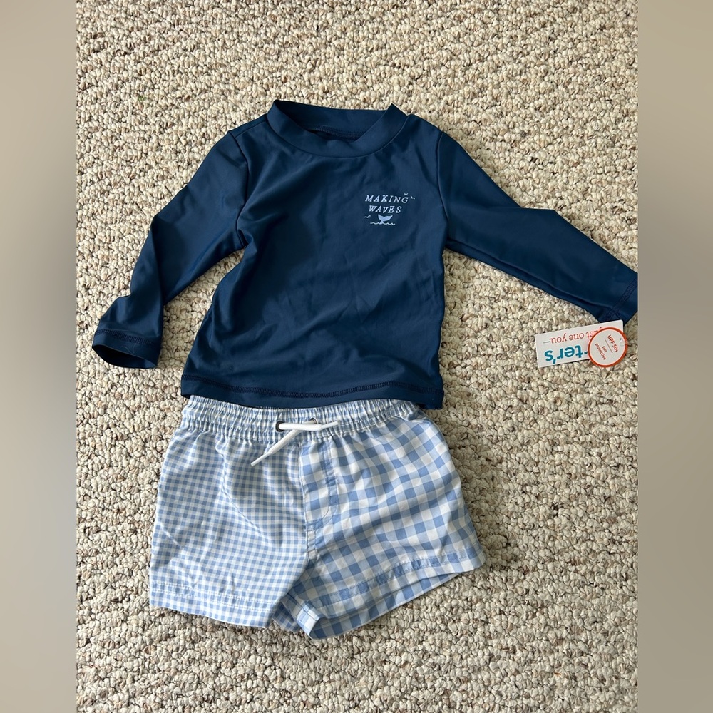 Carters baby swim set 12 months navy swim top Making Waves blue plaid trunks nwt